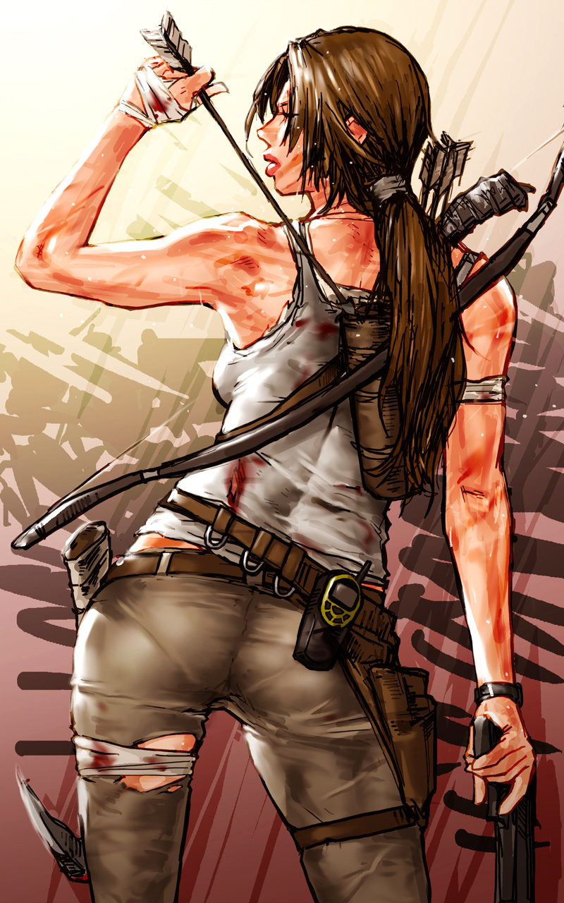 pantylines だんぼおる＠二ちゃんねる - 1girl ass bare shoulders belt bow (weapon) brown hair from  behind gun highres lara croft long hair pantylines pistol ponytail solo  take (draghignazzo) tank top tomb raider weapon