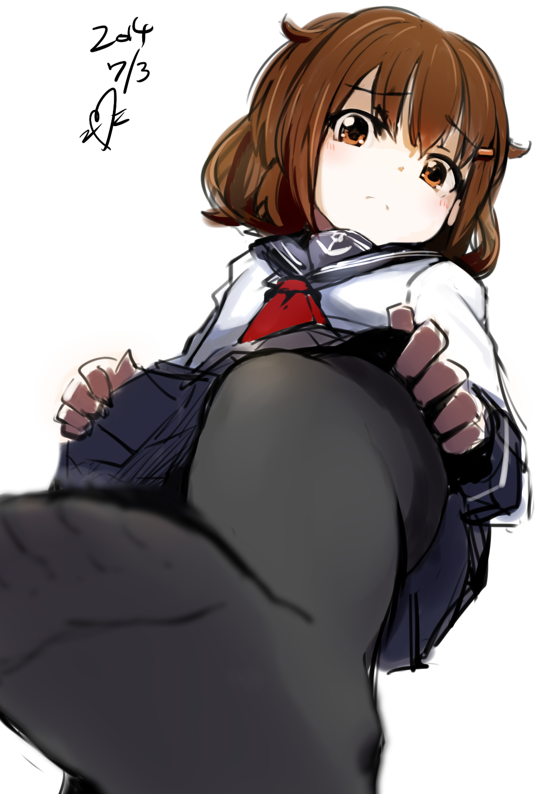 だんぼおる＠二ちゃんねる - black legwear brown eyes brown hair dated from below hair  ornament hairclip highres ikazuchi (kantai collection) kantai collection  looking at viewer looking down momo (higanbana and girl) no shoes pantyhose