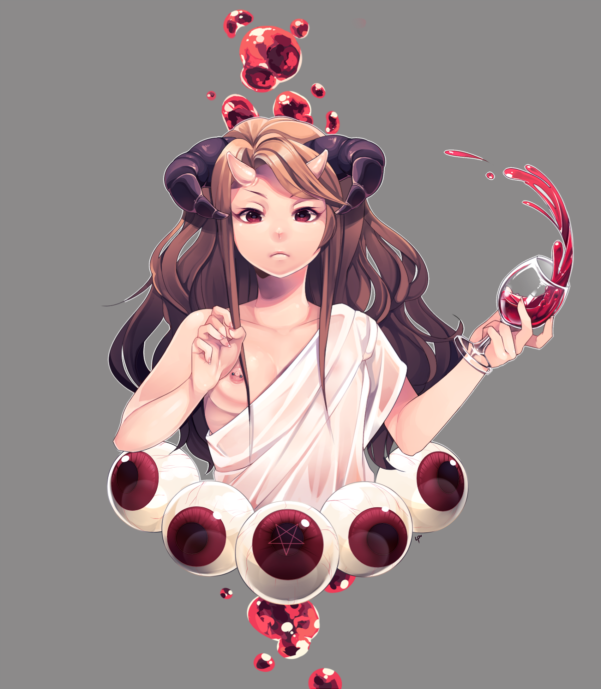 だんぼおる＠二ちゃんねる - 1girl alcohol breast slip brown hair bust cup demon horns  eyeballs grey background highres horns long hair loyproject monster girl  nipple bar nipple piercing nipples one breast out original payot