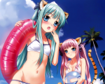  2girls animal_ears bikini blush cleavage green_hair kannatsuki_noboru long_hair navel original pink_hair swimsuit tail twintails wet  rating:Questionable score:0 user:Anonymous